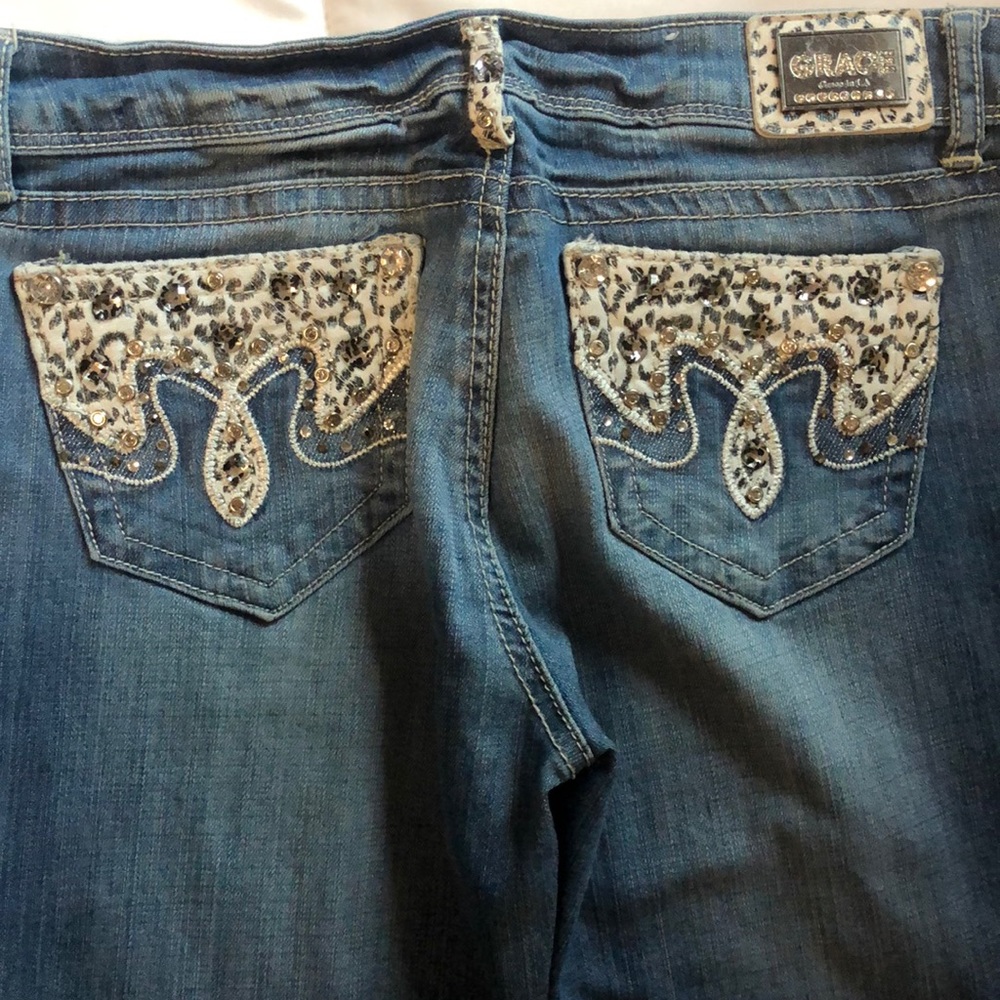 Grace in LA, jean, ripped, straight, stretch, animal print, embroidered, studs.